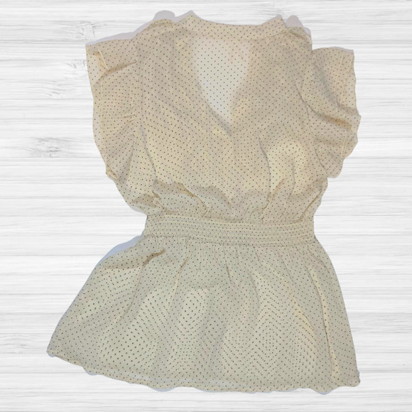 Lapis SMALL Blouse Sheer Ruffled Cream w/ Black Polkadot Button Up Shirt Top - Picture 3 of 6